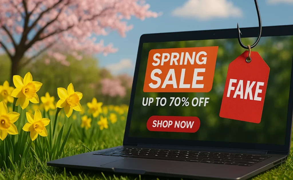 Laptop mit Frühlingsangebot und Fake-Warntag an einem blühenden Frühlingstag – Symbol für Fakeshops mit betrügerischen Angeboten