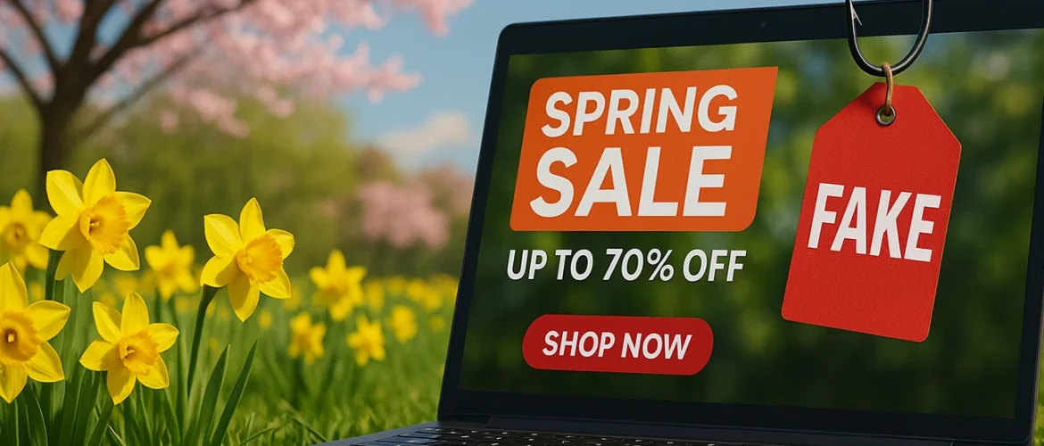 Laptop mit Frühlingsangebot und Fake-Warntag an einem blühenden Frühlingstag – Symbol für Fakeshops mit betrügerischen Angeboten