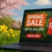 Laptop mit Frühlingsangebot und Fake-Warntag an einem blühenden Frühlingstag – Symbol für Fakeshops mit betrügerischen Angeboten