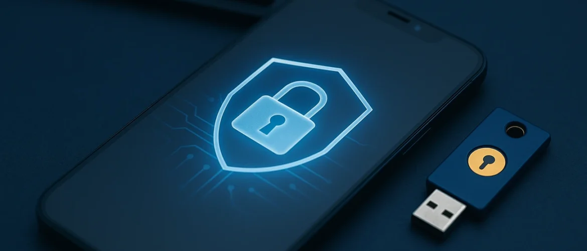 Smartphone mit digitalem Schloss-Symbol und USB-Sicherheitsschlüssel auf dunkler Oberfläche – Symbol für sichere Passkey-Anmeldung