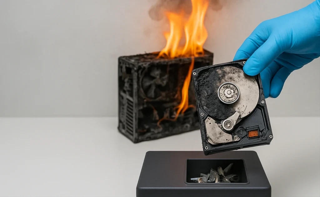 Eine verbrannte Festplatte wird von einer Person mit blauen Handschuhen gehalten, während im Hintergrund ein PC-Gehäuse brennt – Symbolbild für Datenschutz nach einem Brand.