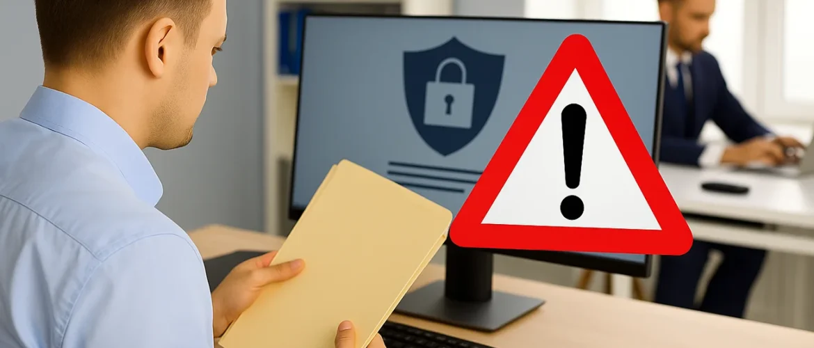 Ein Büroangestellter greift ohne Autorisierung auf vertrauliche Dokumente am Computer zu – symbolisch für datenschutzrechtliche Verstöße durch Mitarbeitende.