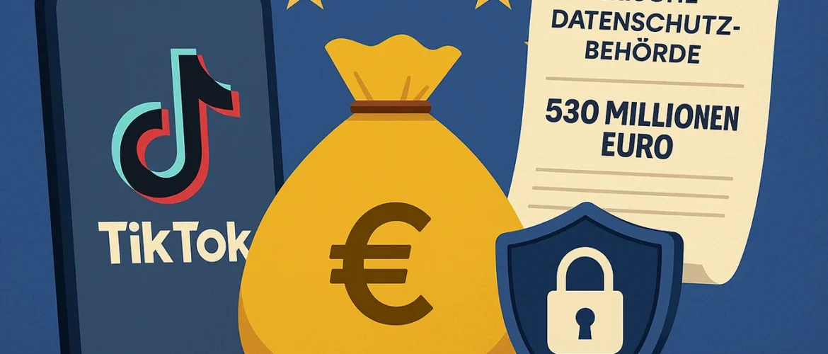 Illustration zeigt eine symbolische Darstellung eines hohen Bußgelds gegen TikTok durch eine europäische Datenschutzbehörde aufgrund von Datenschutzverstößen gemäß DS-GVO.