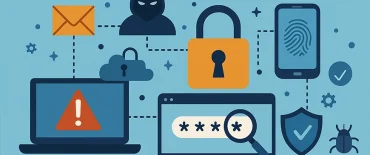 Illustration zu IT-Sicherheit mit Symbolen für Passwortschutz, Hackerangriffe, Verschlüsselung, biometrische Authentifizierung und Sicherheitswarnungen